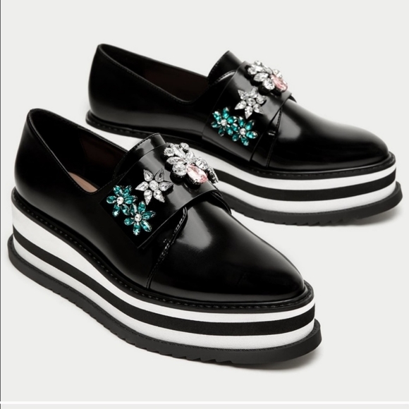 NWT Zara Trafaluc Black Jeweled Platform Shoes Size 38 7.5